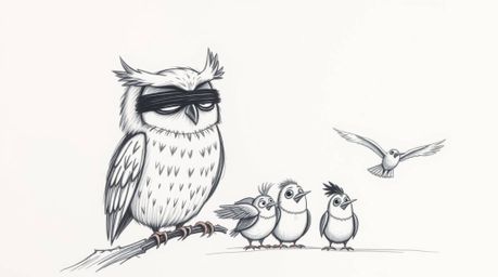 A heartwarming hand-drawn illustration depicts a blind owl, in the style of Pixar, patiently teaching a diverse group of bird