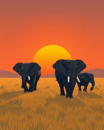 This is a modern flat design illustration featuring elephants walking across a sunset field. The artwork is characterized by 
