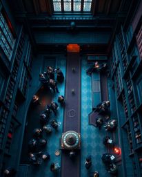 Experience a breathtaking overhead view of a magical school teeming with young wizards. Rich burgundy and deep blue hues crea