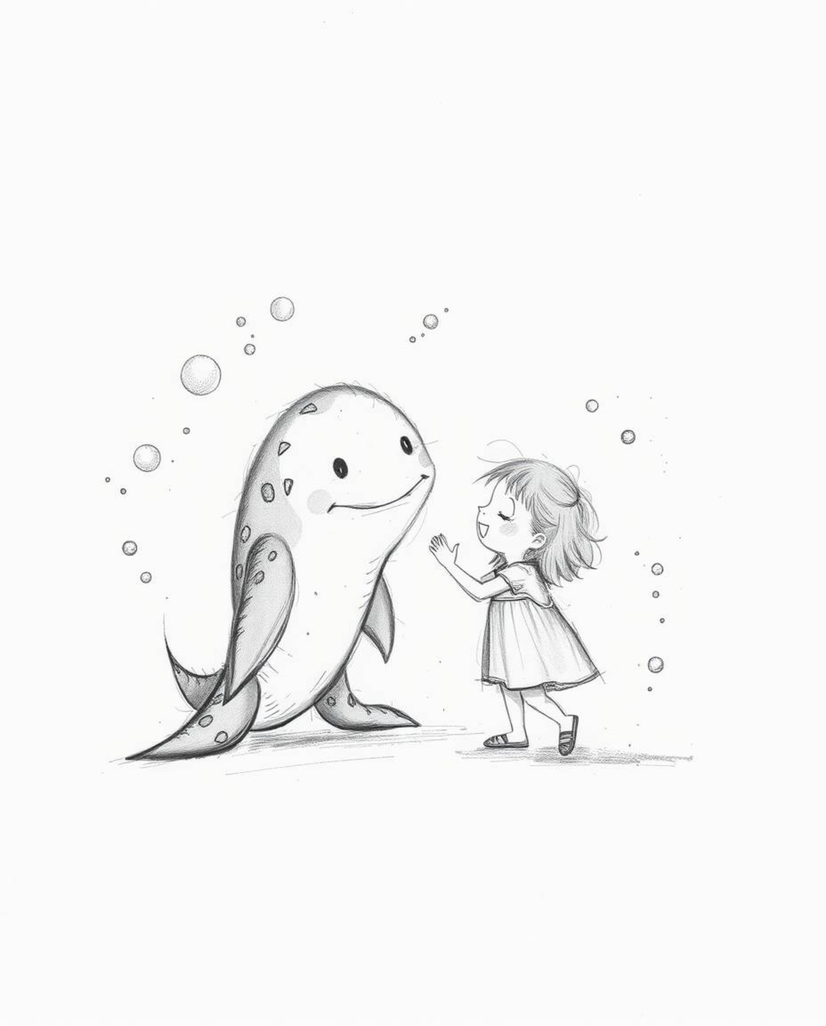 A whimsical hand-drawn sketch depicts a heartwarming scene of a sea creature and a child sharing a friendly moment.  The artw