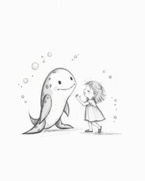 A whimsical hand-drawn sketch depicts a heartwarming scene of a sea creature and a child sharing a friendly moment. The artw