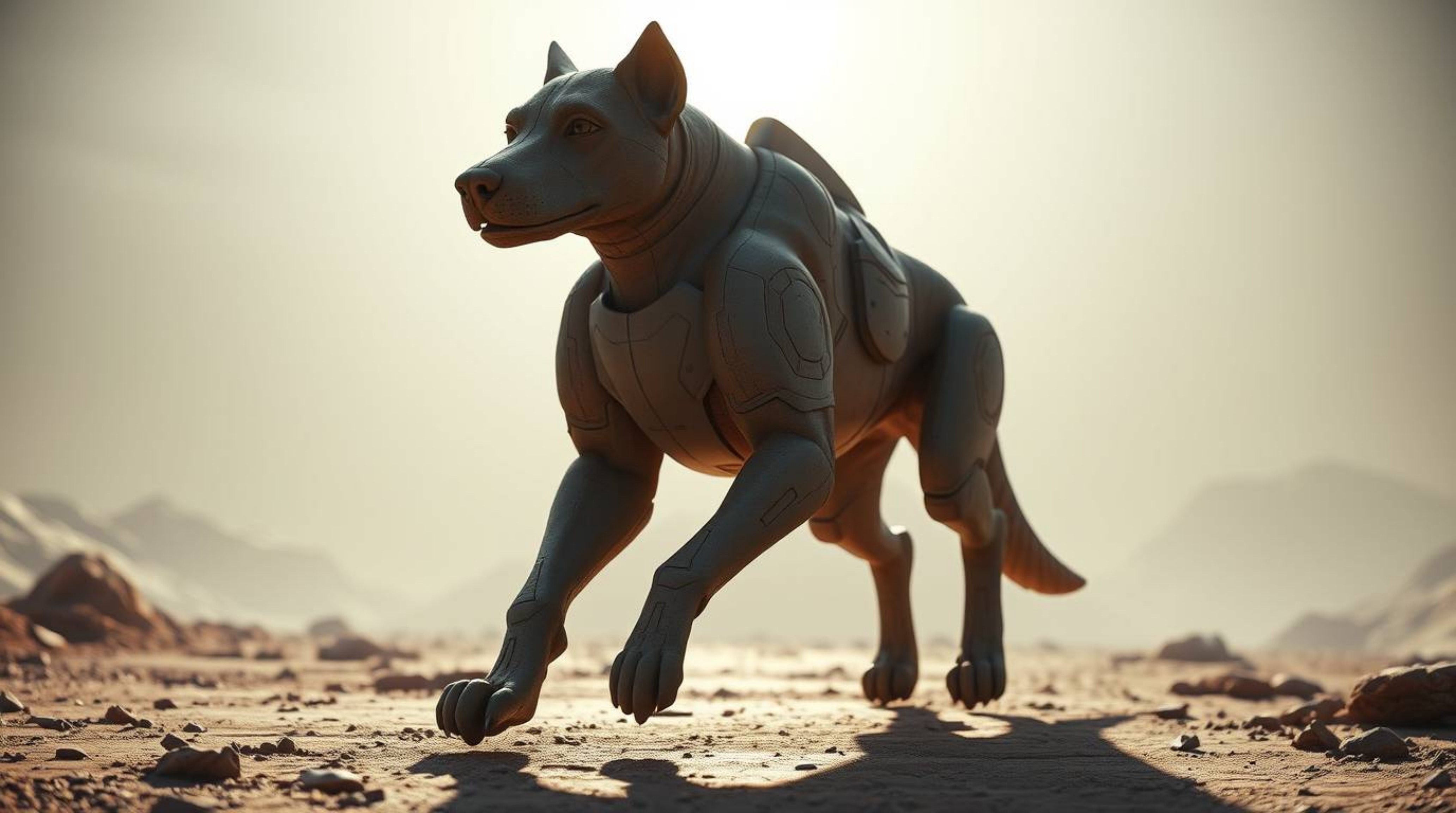 Witness a colossal, futuristic dog taking a solitary stroll through a grand space scene.  Rendered with a sculptural clay tex