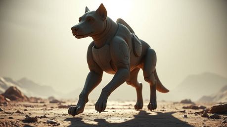 Witness a colossal, futuristic dog taking a solitary stroll through a grand space scene.  Rendered with a sculptural clay tex