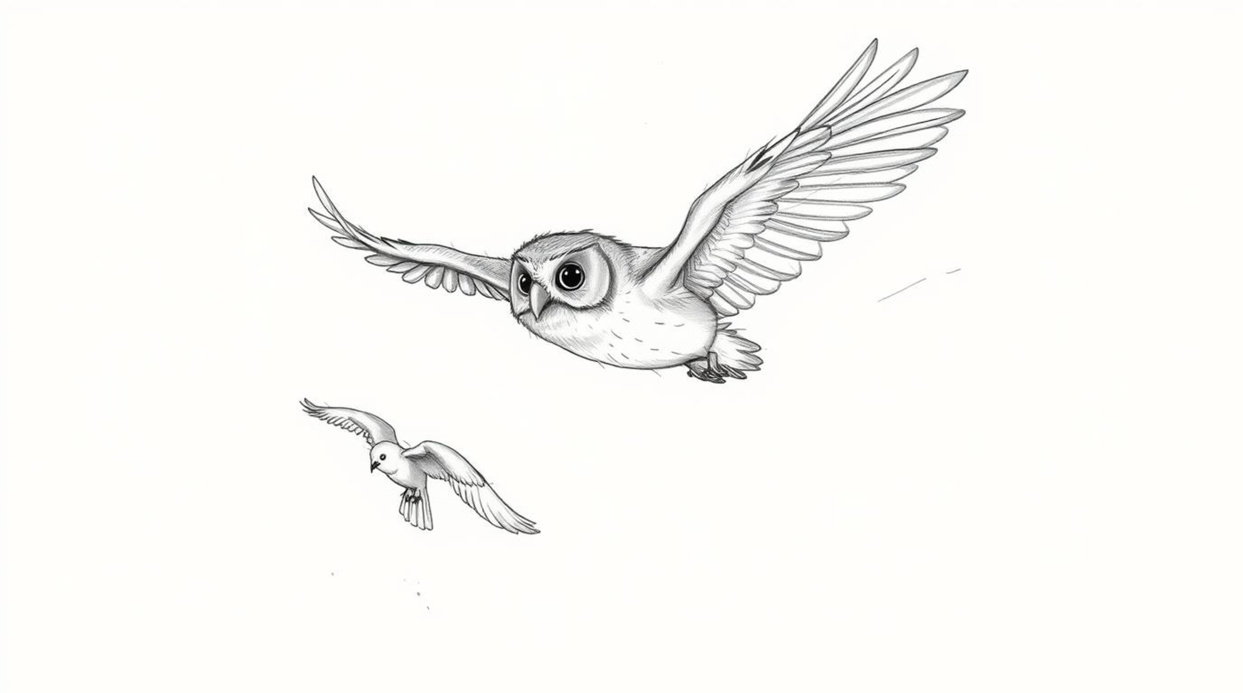 A heartwarming hand-drawn sketch in the style of Pixar depicts a blind owl patiently teaching birds to fly.  Soft pencil stro