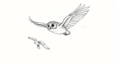 A heartwarming hand-drawn sketch in the style of Pixar depicts a blind owl patiently teaching birds to fly.  Soft pencil stro