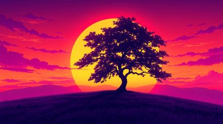 This artwork captures the essence of isekai anime with a lone tree silhouetted against a vibrant, high-contrast sunset in dee