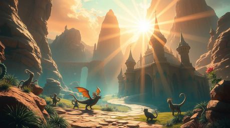 Immerse yourself in a vibrant fantasy kingdom scene brought to life with a bright lens flare and a striking contrast of warm 