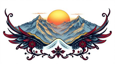A captivating traditional tattoo art print showcases a bird's-eye view of snow-capped mountains bathed in the soft glow of a 