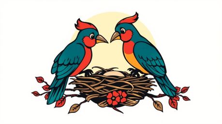 A stunning, silhouetted tattoo art print depicting two cartoon birds meticulously building a nest. Rendered in a classic ani