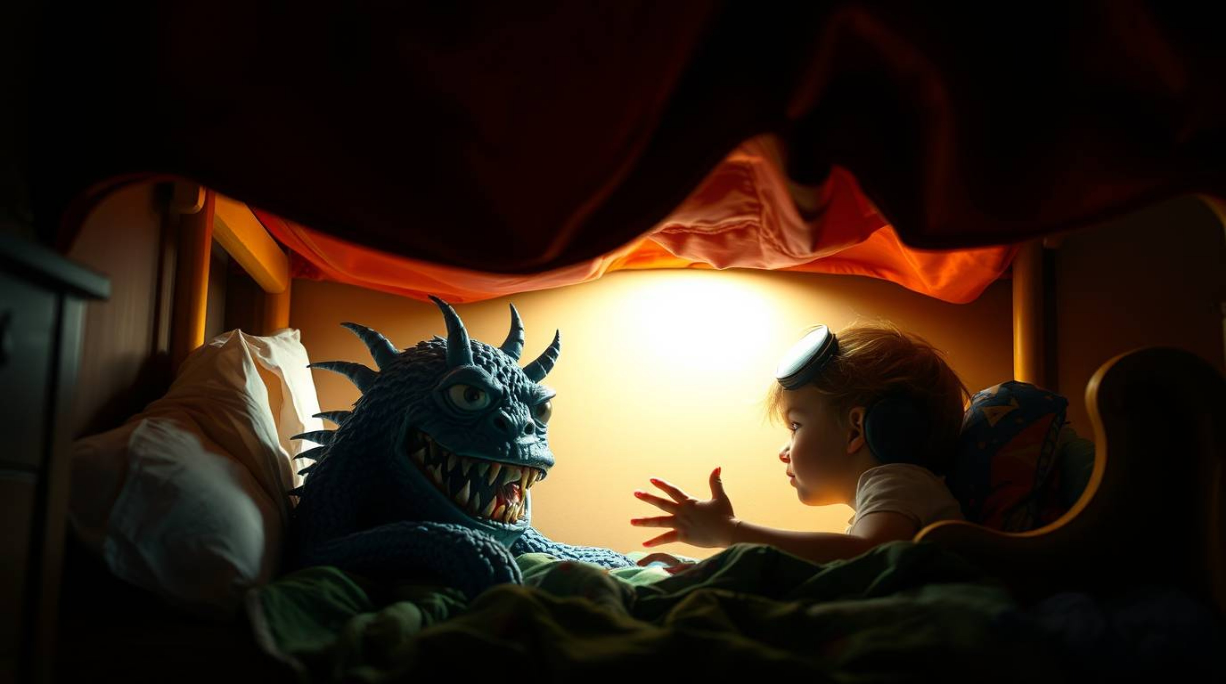 Explore a captivating scene where a monster under a child's bed, illuminated by high contrast, low-key lighting, forms an une