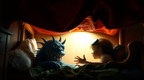 Explore a captivating scene where a monster under a child's bed, illuminated by high contrast, low-key lighting, forms an une