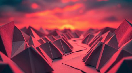 Explore an extreme macro close-up of intricate origami depicting a winding river illuminated under a dramatic orange-pink sky