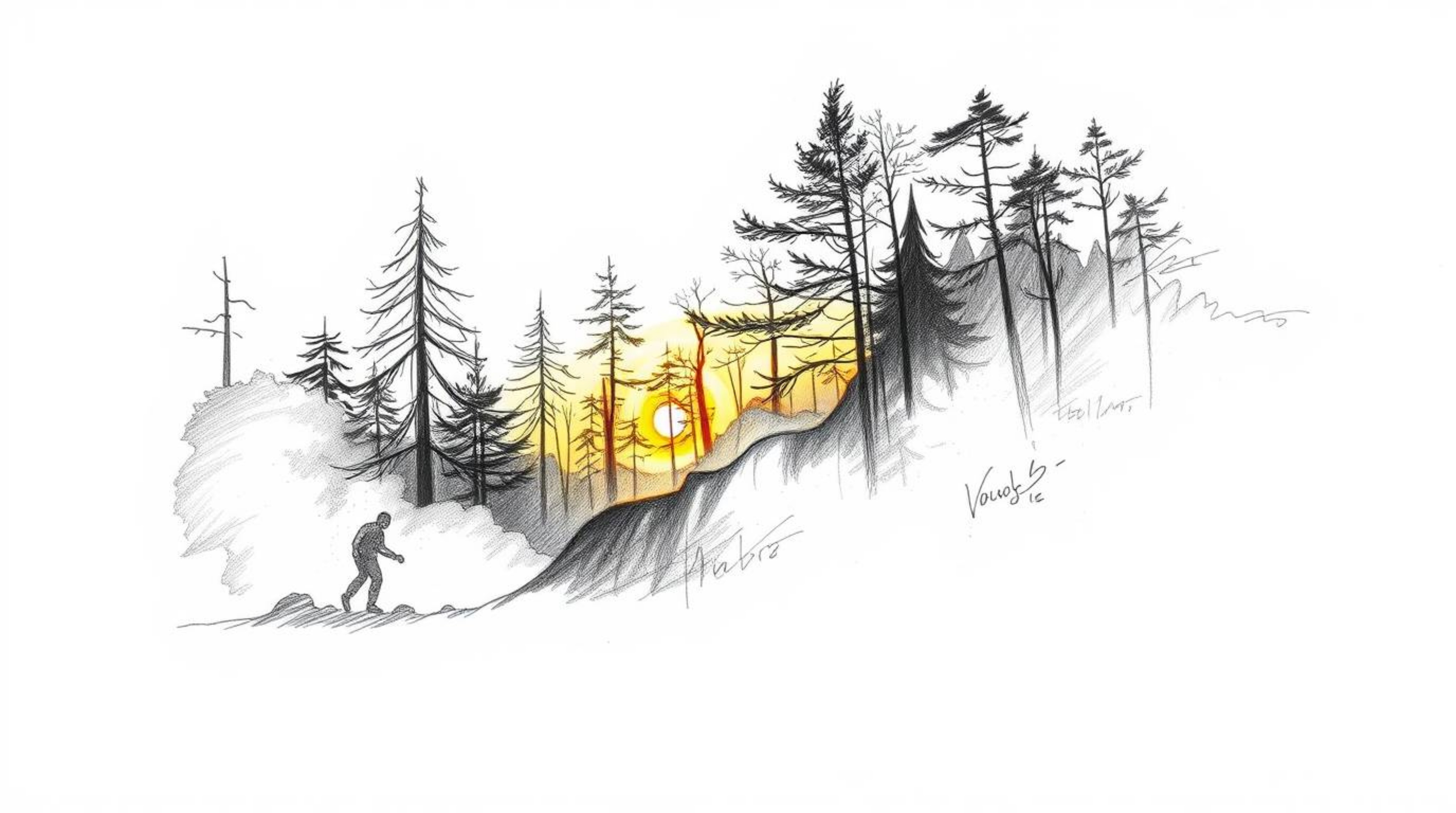 Explore captivating hand-drawn sketches depicting dynamic motion and the serene beauty of a forest at golden hour. These piec