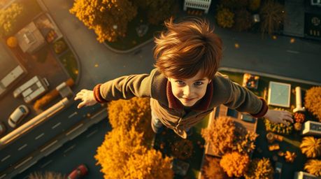 A captivating image depicts a young boy with chestnut hair soaring above the city of London, scattering pixie dust.  The high