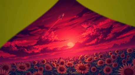 Experience a breathtaking isekai anime-style illustration of a sunflower field viewed from above, bathed under a deep red and