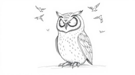 A heartwarming hand-drawn sketch in the style of Pixar portrays a blind owl, rendered with soft, textured pencil strokes. The