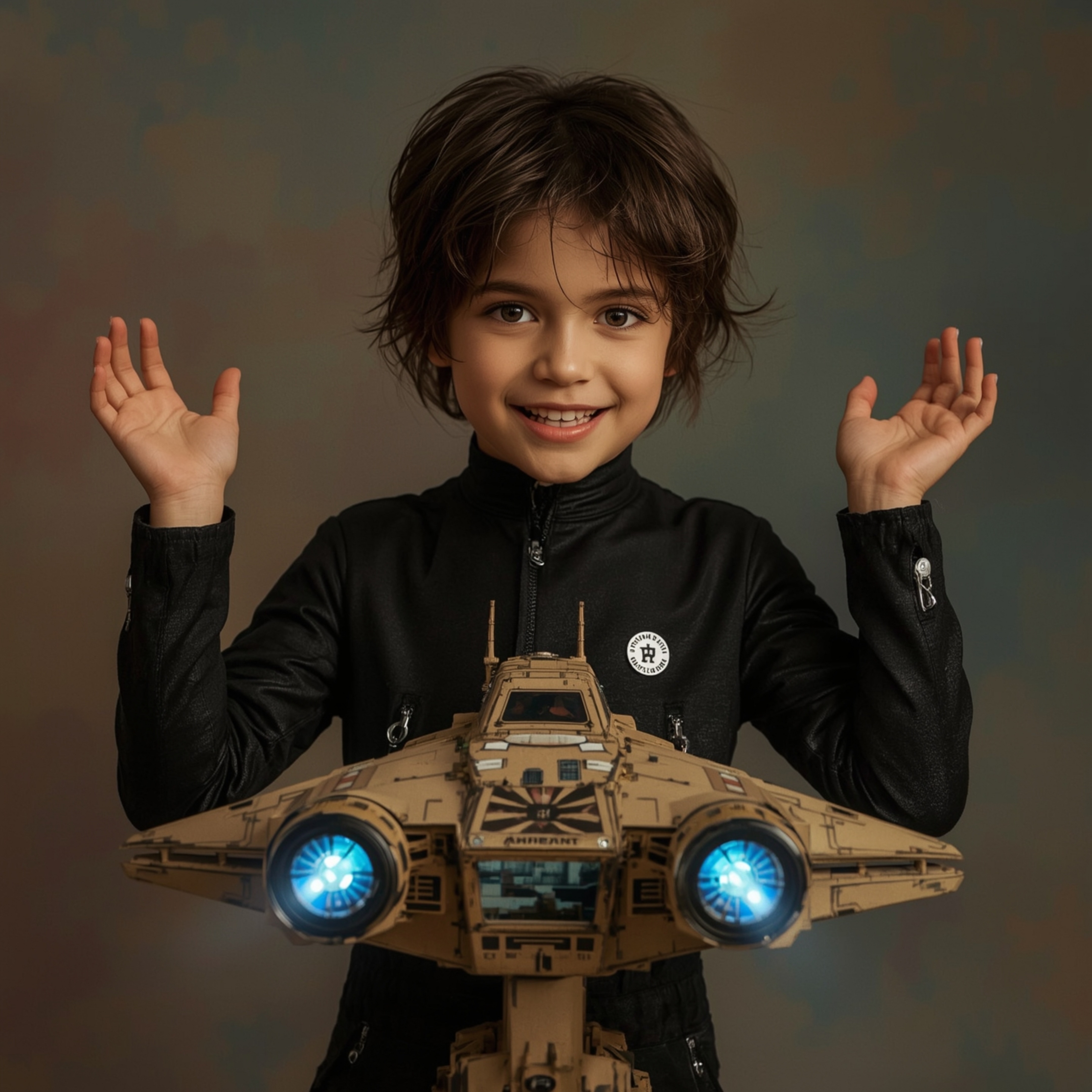 A captivating high-fashion photograph depicts a joyful boy building a magnificent, intricately detailed cardboard spaceship i