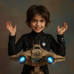A captivating high-fashion photograph depicts a joyful boy building a magnificent, intricately detailed cardboard spaceship i