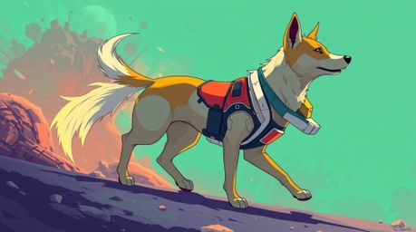 Experience a vibrant Isekai anime-style depiction of a futuristic dog walking itself in space. This expressive composition fe
