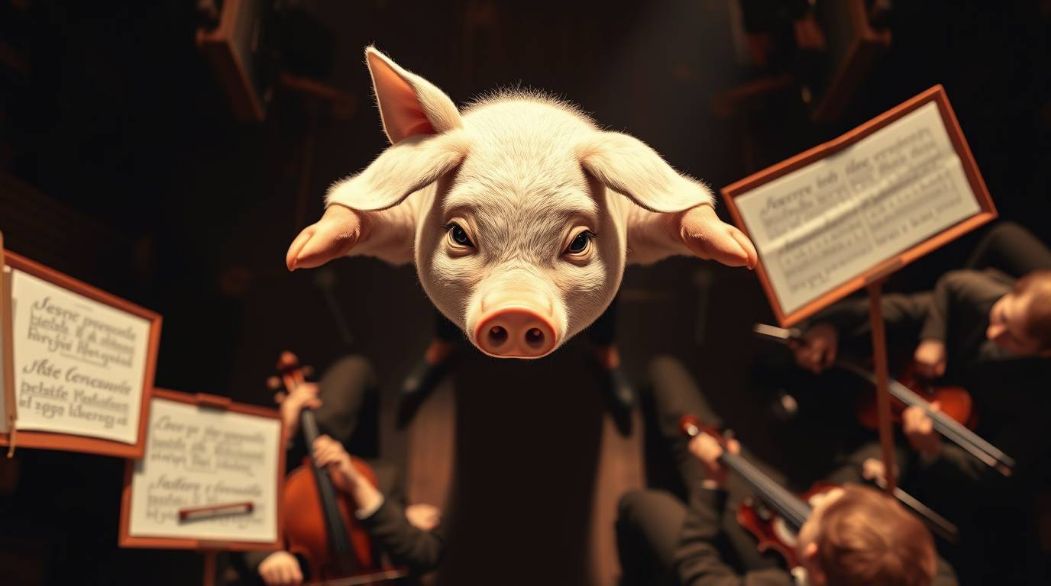 An overhead bird's-eye view showcases a pig character passionately conducting an orchestra under strong, hard light that cast