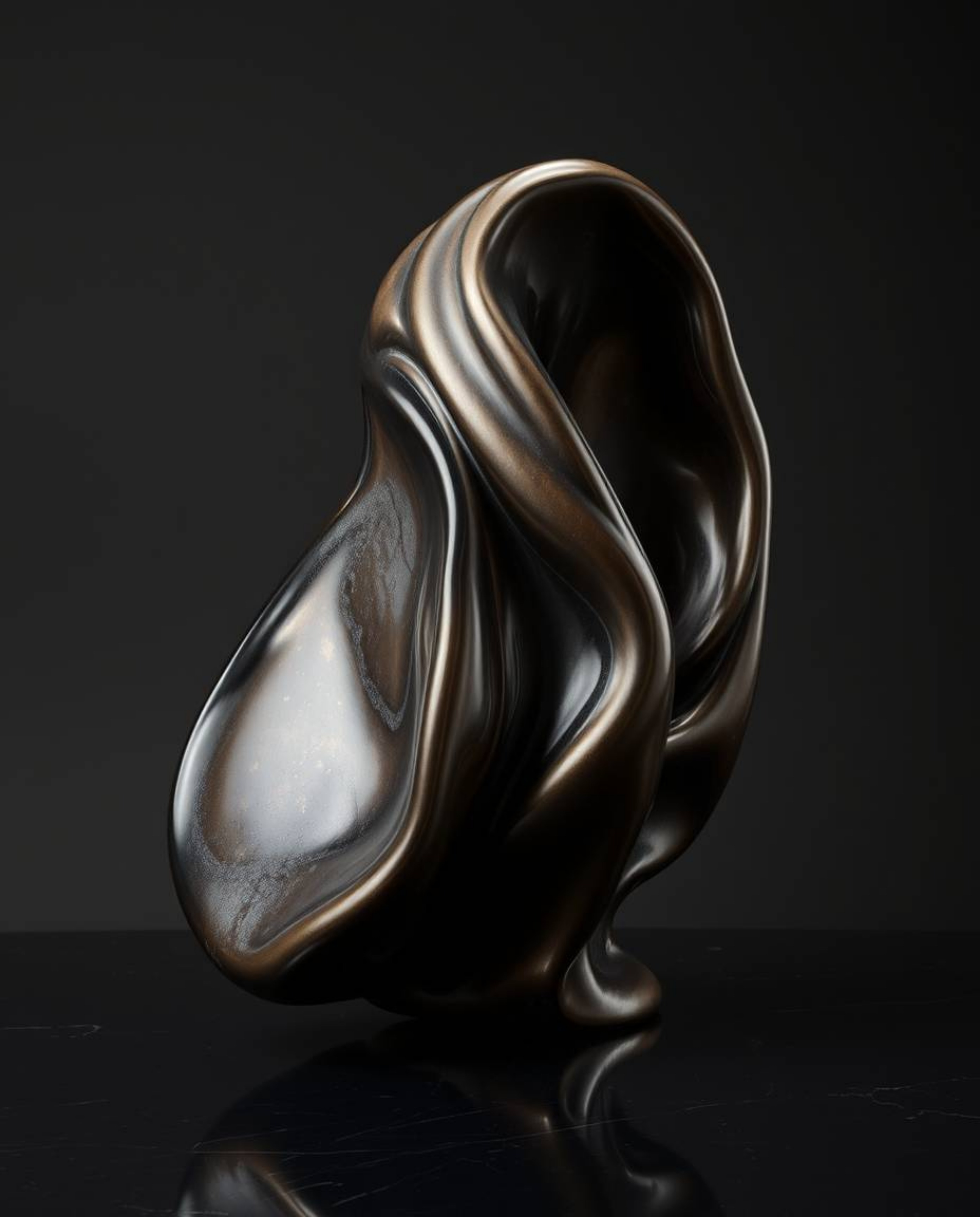 Explore stunning 3D fluid mercury shapes rendered in a cast bronze surface with an antique patina finish. This sculptural art