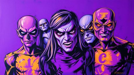 A captivating acrylic painting showcasing a team of misfit heroes.  Deep ultraviolet hues and bold brushstrokes create a high