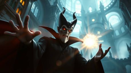 A classic Disney villain, powerful and imposing, is depicted casting a spell within a colossal, futuristic castle. The scene