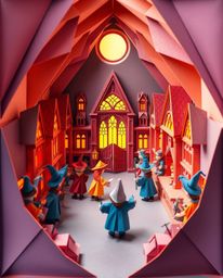 An intricate origami-style illustration depicts a magical school brimming with young wizards.  The image showcases a folded p