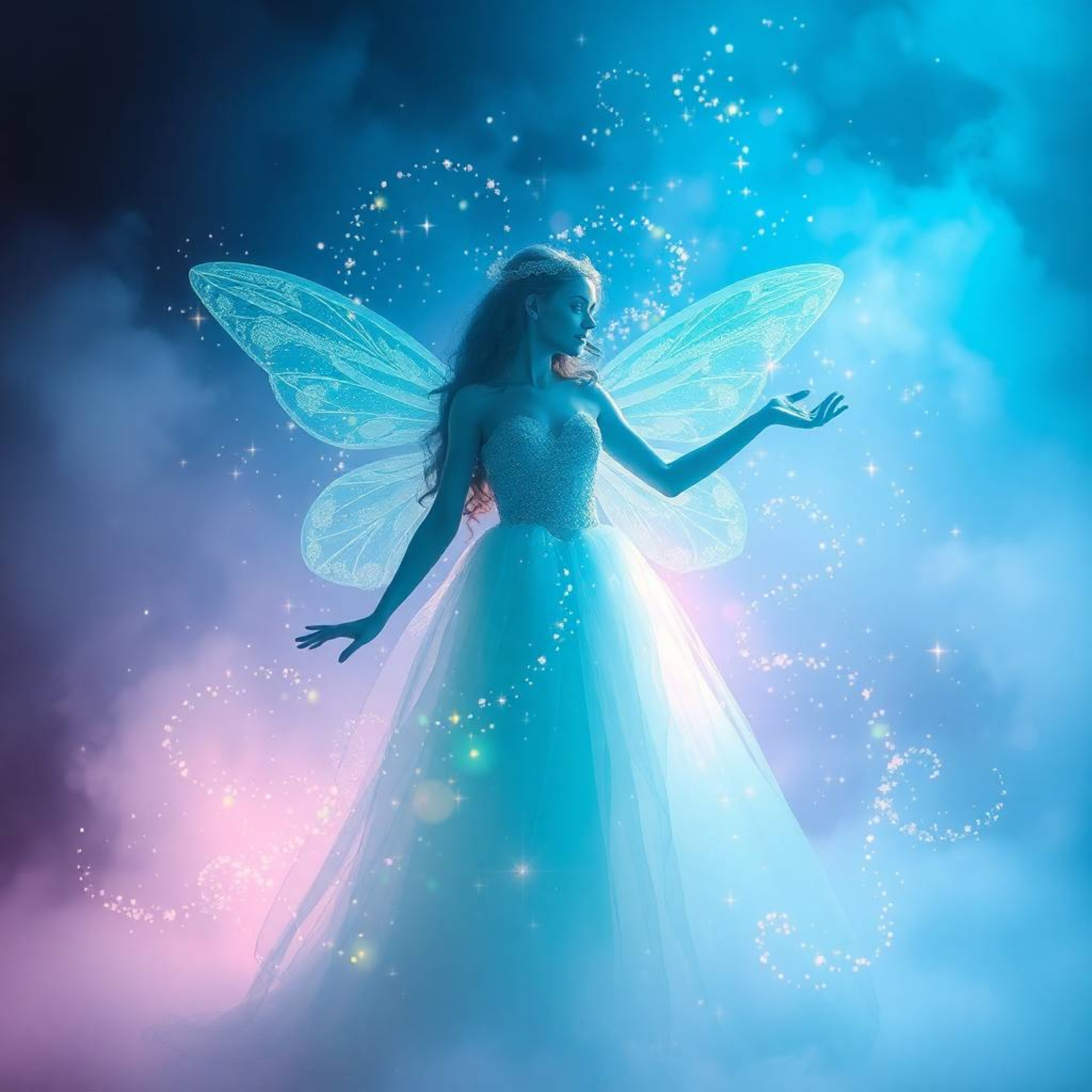 A whimsical scene depicting a fairy godmother emerging from a swirl of sparkles. The image features a soft, dreamy atmospher