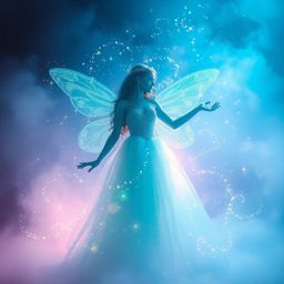 A whimsical scene depicting a fairy godmother emerging from a swirl of sparkles. The image features a soft, dreamy atmospher