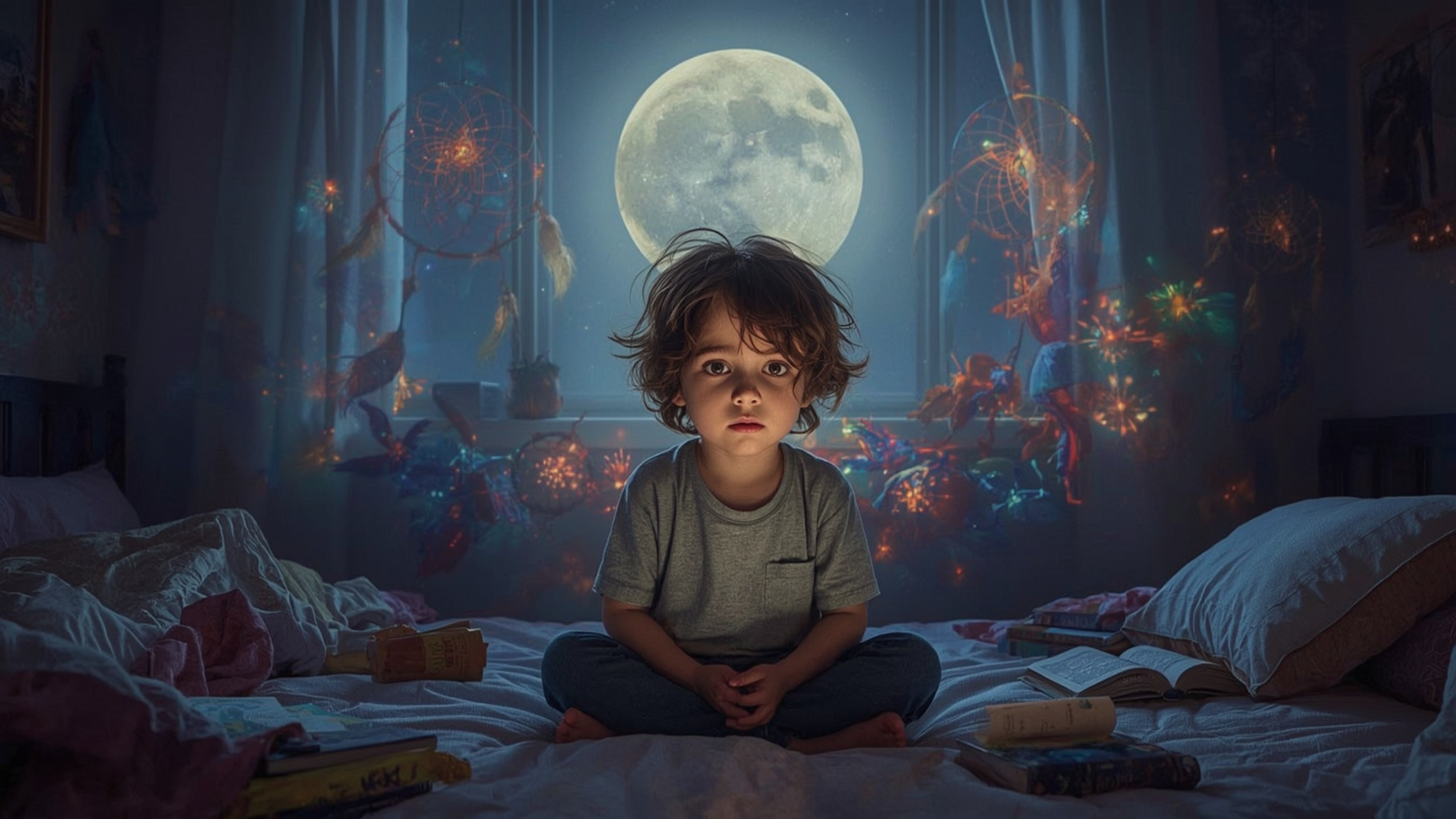 Discover a highly detailed, cinematic photograph capturing a curious, moon-eyed kid in a cozy bedroom filled with dreamcatche