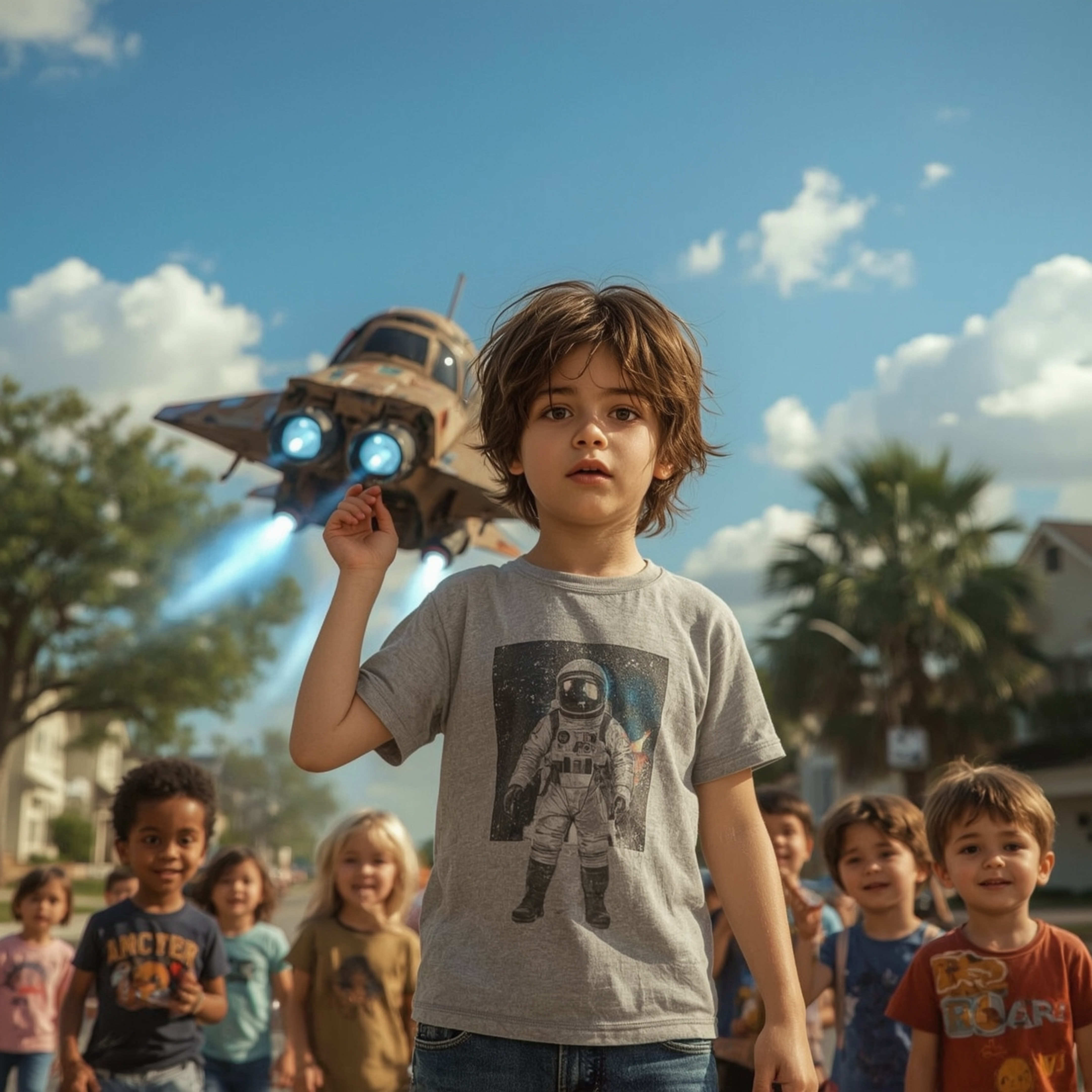 A captivating high-fashion photograph in the style of Pixar depicts a young boy with messy brown hair, wearing a faded astron