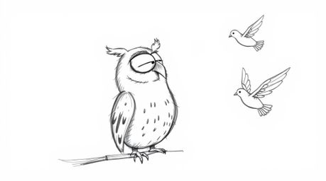 A charming, hand-drawn sketch in the style of Pixar depicts a blind owl, rendered with soft, rounded features, patiently teac