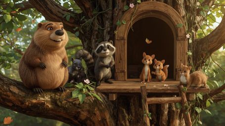 A high-resolution stock photo captures a serene beaver with a warm, gentle smile, meticulously building the perfect treehouse
