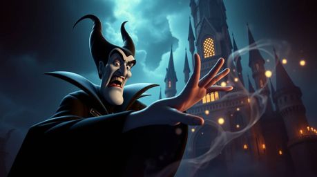 A captivating image depicting a classic Disney villain casting a spell within a fantastical, dreamlike castle.  The artwork f