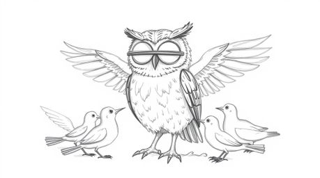 A charming hand-drawn sketch in Pixar style depicts a blind owl, with gentle facial features, instructing birds on the art of