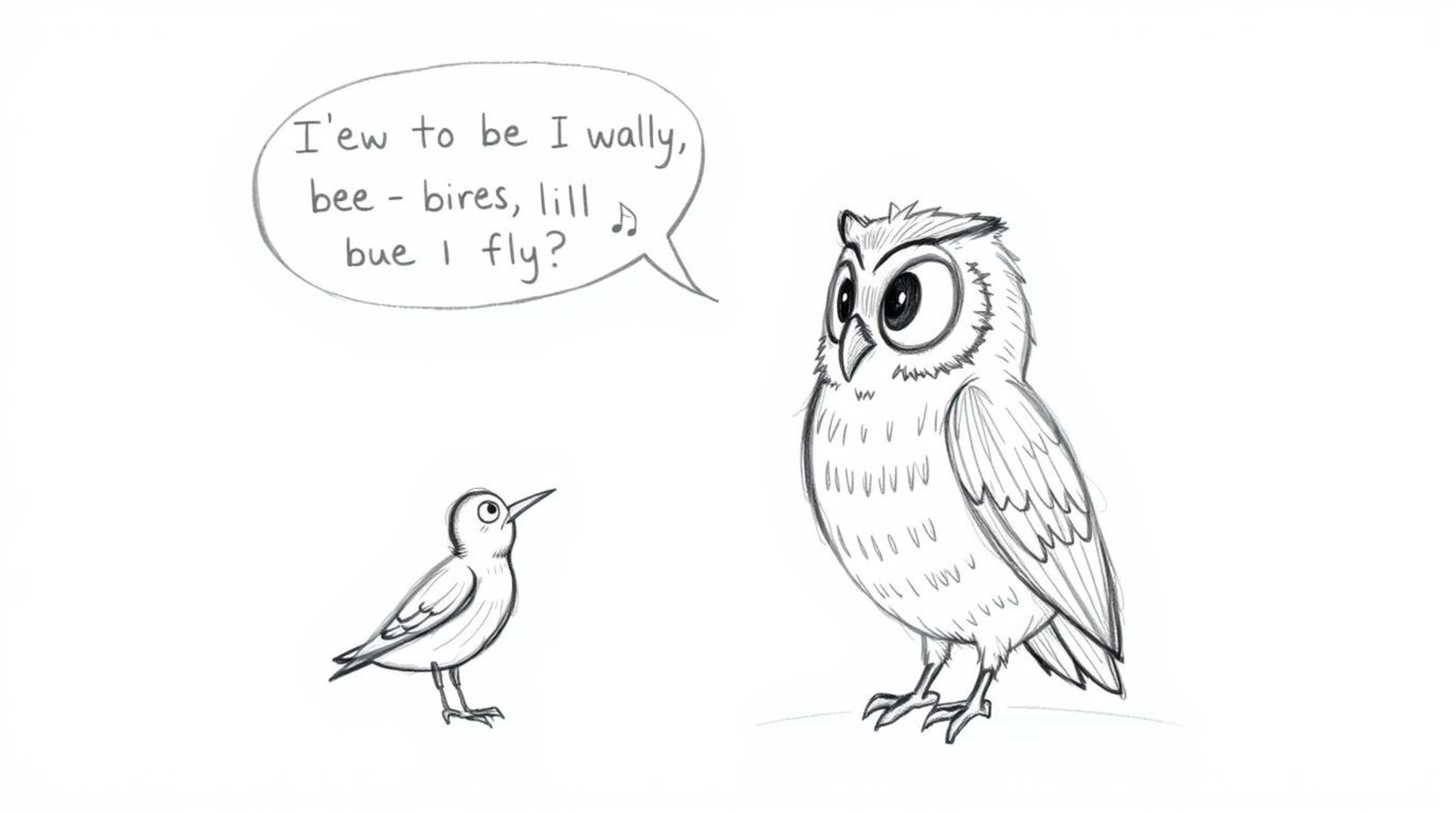 A heartwarming hand-drawn sketch in the style of Pixar depicts a blind owl, rendered with textured pencil strokes, generously