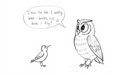 A heartwarming hand-drawn sketch in the style of Pixar depicts a blind owl, rendered with textured pencil strokes, generously