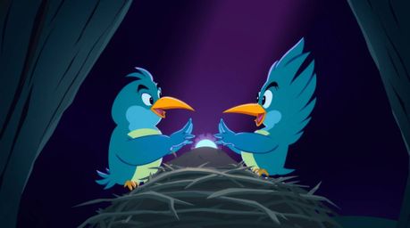 Two cartoon birds are depicted in a classic animation style as they diligently build a nest. The scene is brought to life wit