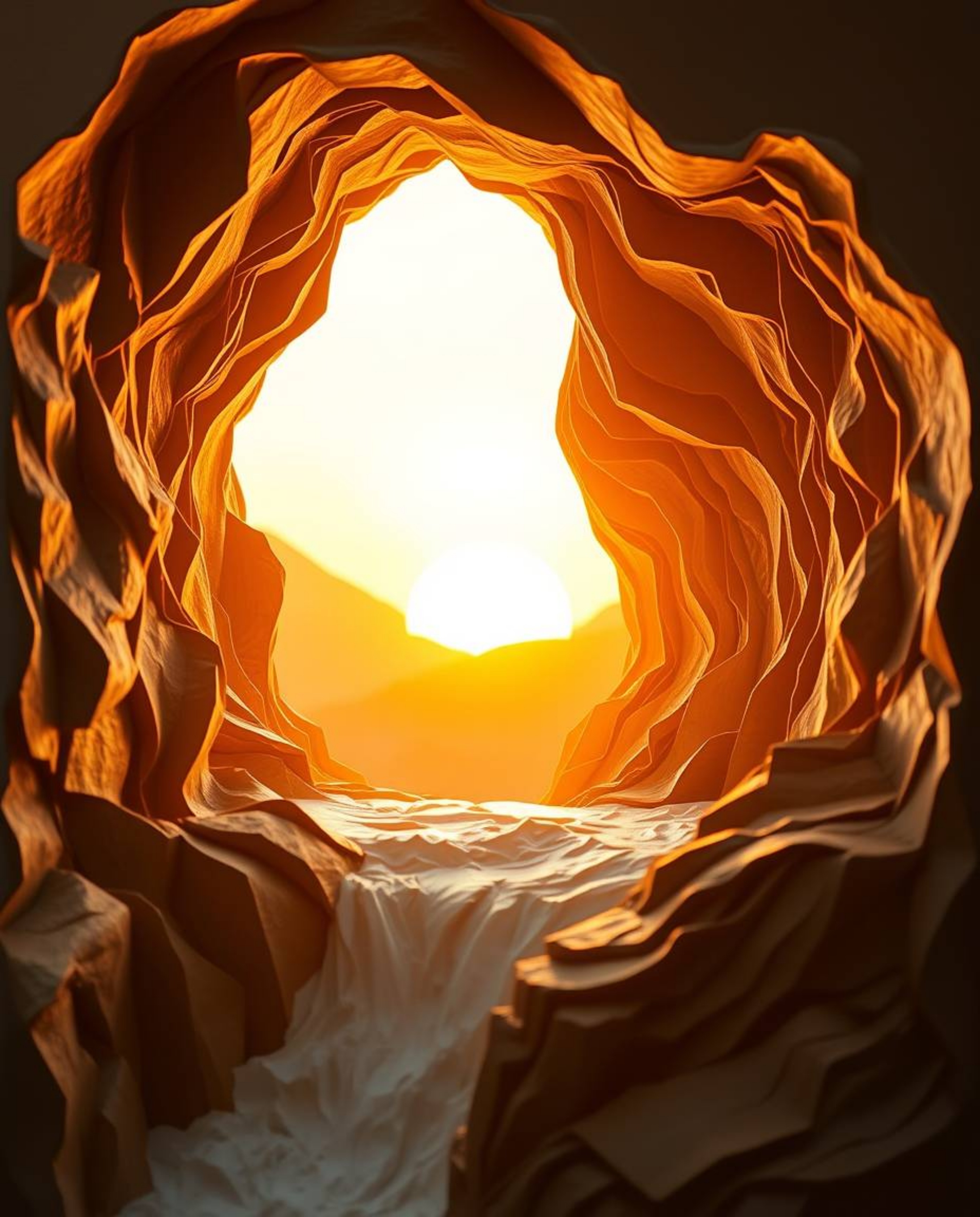 A warm golden hour light illuminates a layered papier-mâché sculpture of a sun setting behind a dramatic waterfall. The artwo