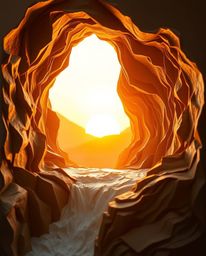 A warm golden hour light illuminates a layered papier-mâché sculpture of a sun setting behind a dramatic waterfall. The artwo
