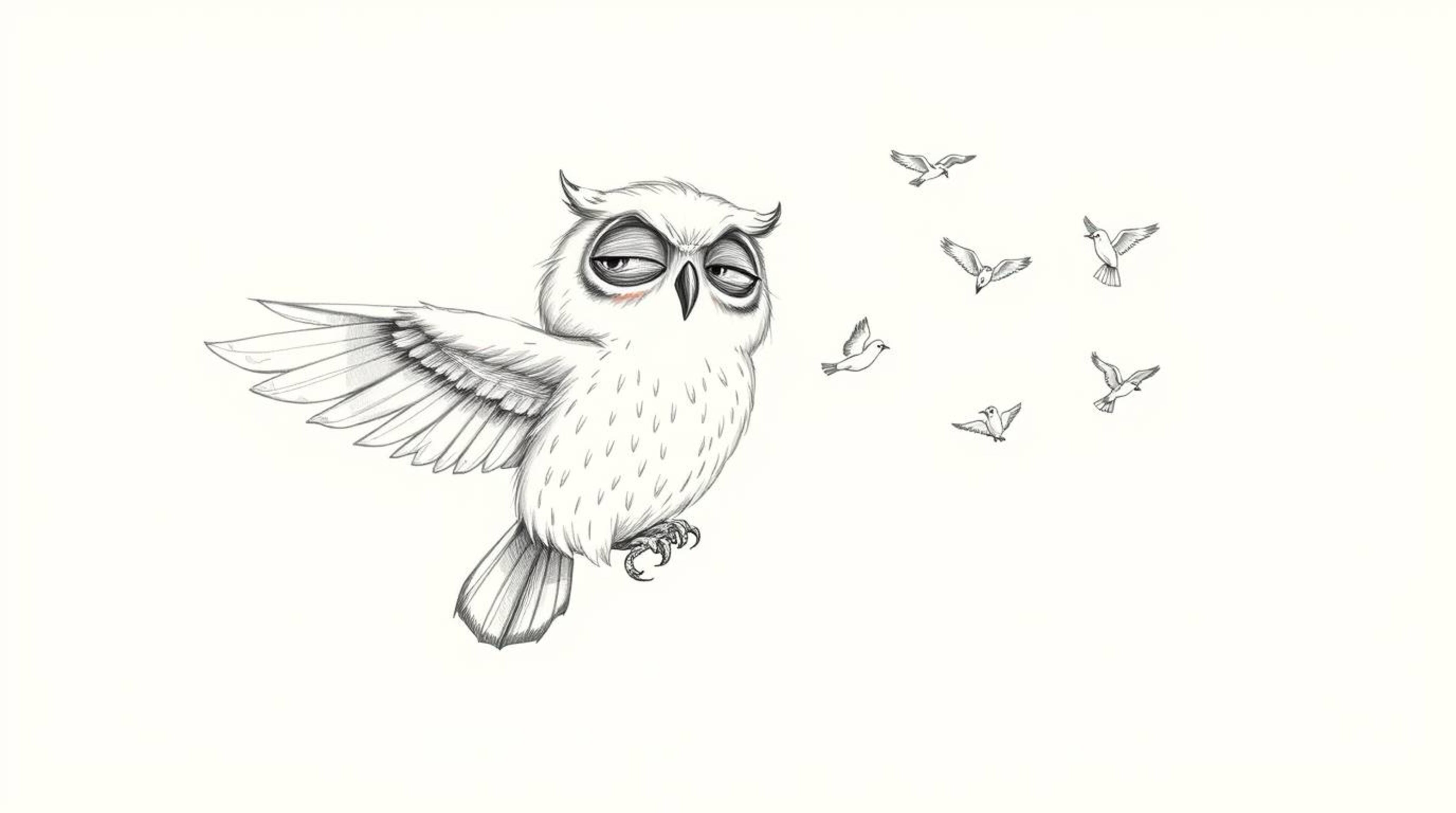 A heartwarming hand-drawn sketch depicts a blind owl, rendered in a Pixar-esque style, patiently teaching tiny birds to fly. 