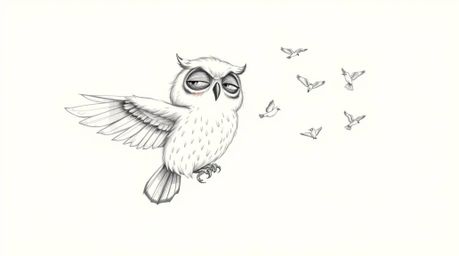 A heartwarming hand-drawn sketch depicts a blind owl, rendered in a Pixar-esque style, patiently teaching tiny birds to fly. 