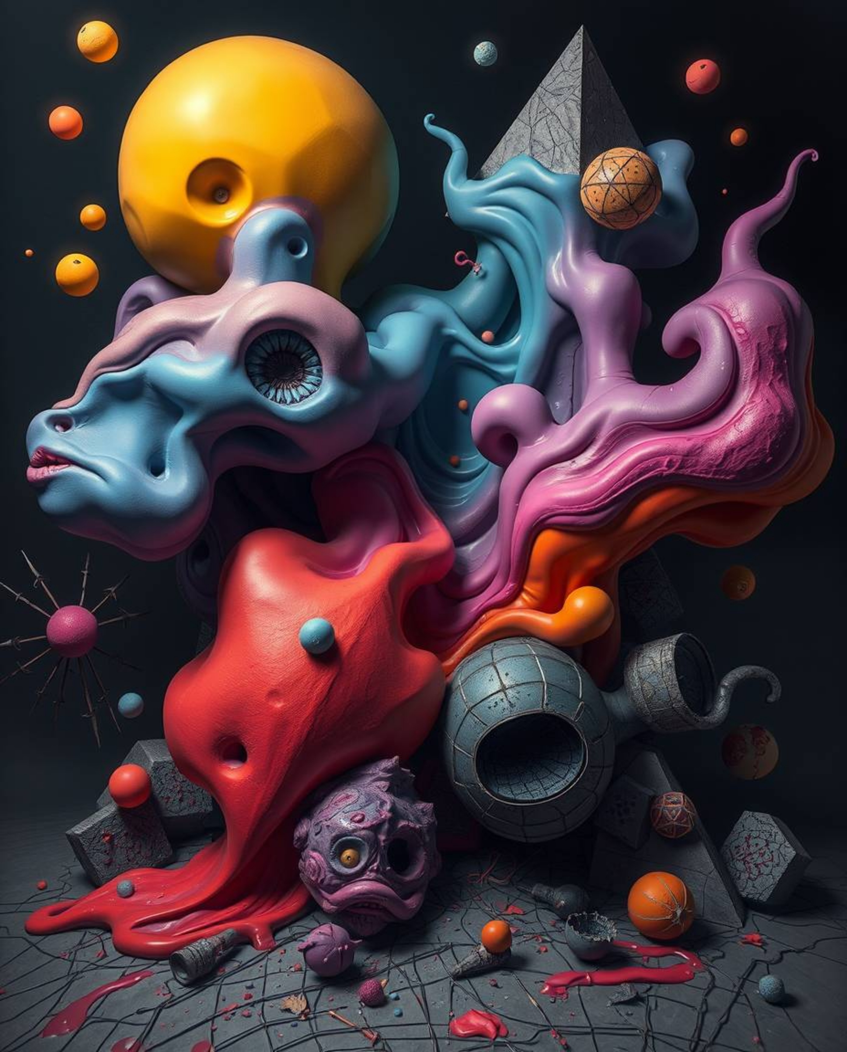 Explore a dark and unsettling abstract composition featuring colorful 3D fluid shapes interacting with geometric forms. This 