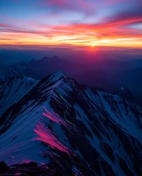 Experience a stunning high alpine peak sunset, illuminated by glowing bioluminescent teal hues. This luxurious and vibrant sc