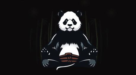 A captivating logo design features a close-up of a meditating panda martial artist within a bamboo forest.  The design utiliz