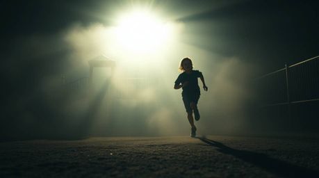 Experience a dramatic slow-motion run through a playground bathed in intense, jet-black volumetric lighting.  Light beams pie