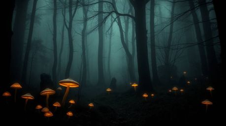 Immerse yourself in a vintage-style enchanted forest rendered in pure black and intense jet black hues.  Glowing mushrooms il