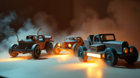 Experience a thrilling, wacky racing scene featuring outlandish cars sculpted from layered papier-mâché.  Volumetric lighting