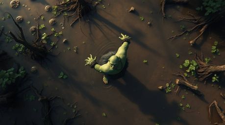 A captivating overhead shot showcasing a smoothly animated ogre dancing in a vibrant swamp.  The scene features seamless colo